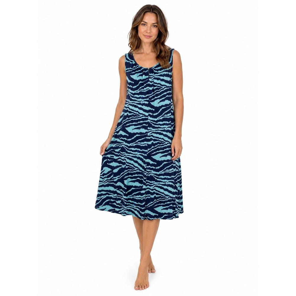 Lands End Womens XL 18 Blue Zebra Stripe Sleeveless Jersey Midi‎ Dress Keyhole